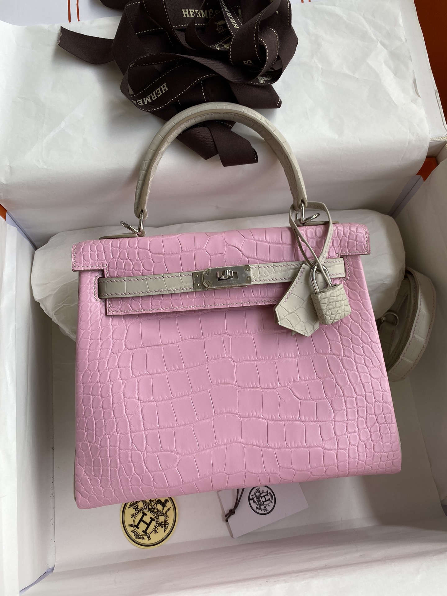 Hermes Kelly 25cm Handbag Shoulder Bag In Pink Pearl Grey Crocodile Niloticus Leather